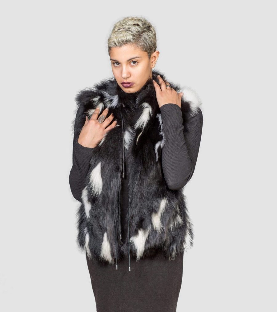 Black Fox Fur Vest With White Details