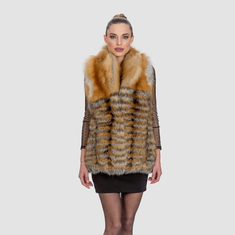 Red Fox Fur Vest With Silver Stripes