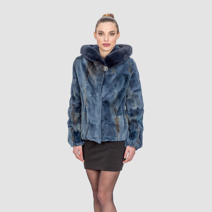 Blue Sheared Mink Fur Jacket With Hood