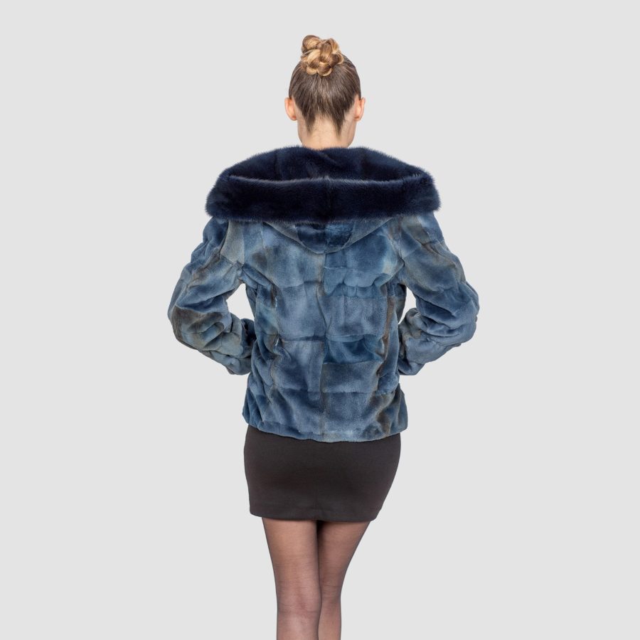 Blue Sheared Mink Fur Jacket With Hood