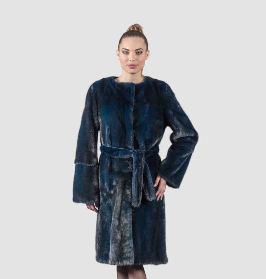 Blue Black Mink Fur Coat With Belt