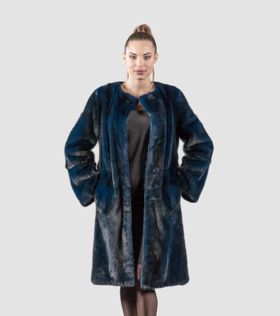Blue Black Mink Fur Coat With Belt