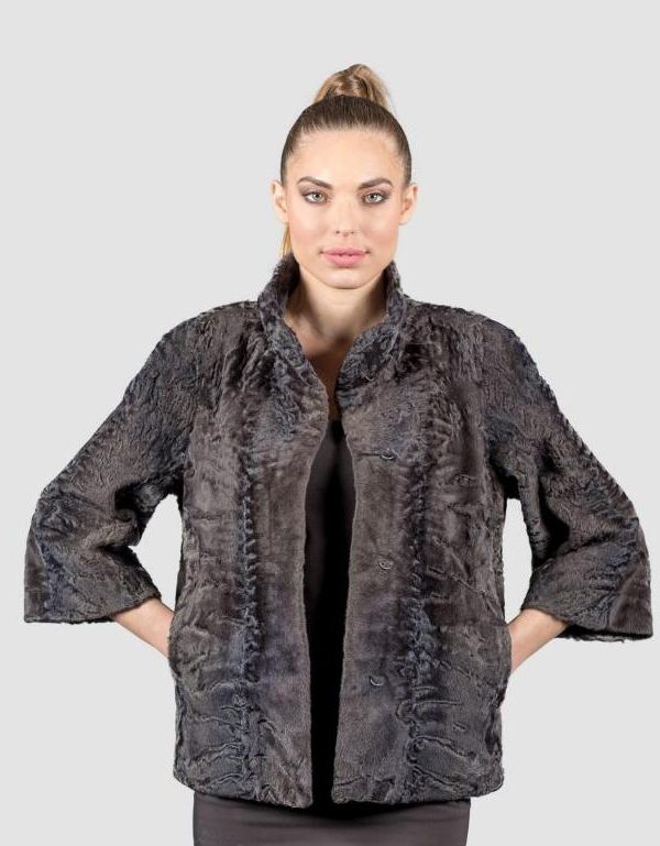 Brown Grey Astrakhan Fur Jacket