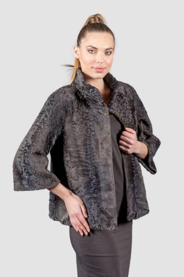 Brown Grey Astrakhan Fur Jacket