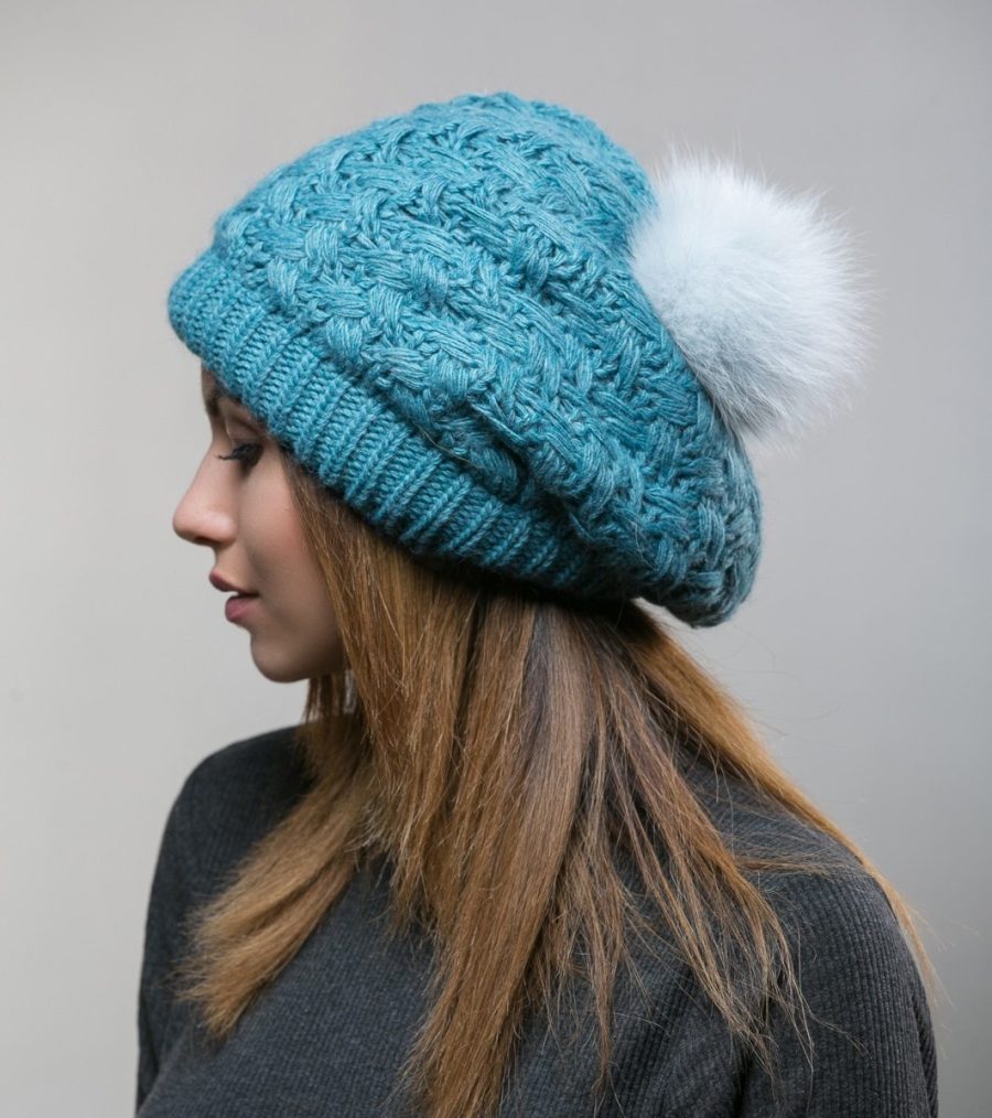 Turquoise Knit Beanie With White Fur Pom