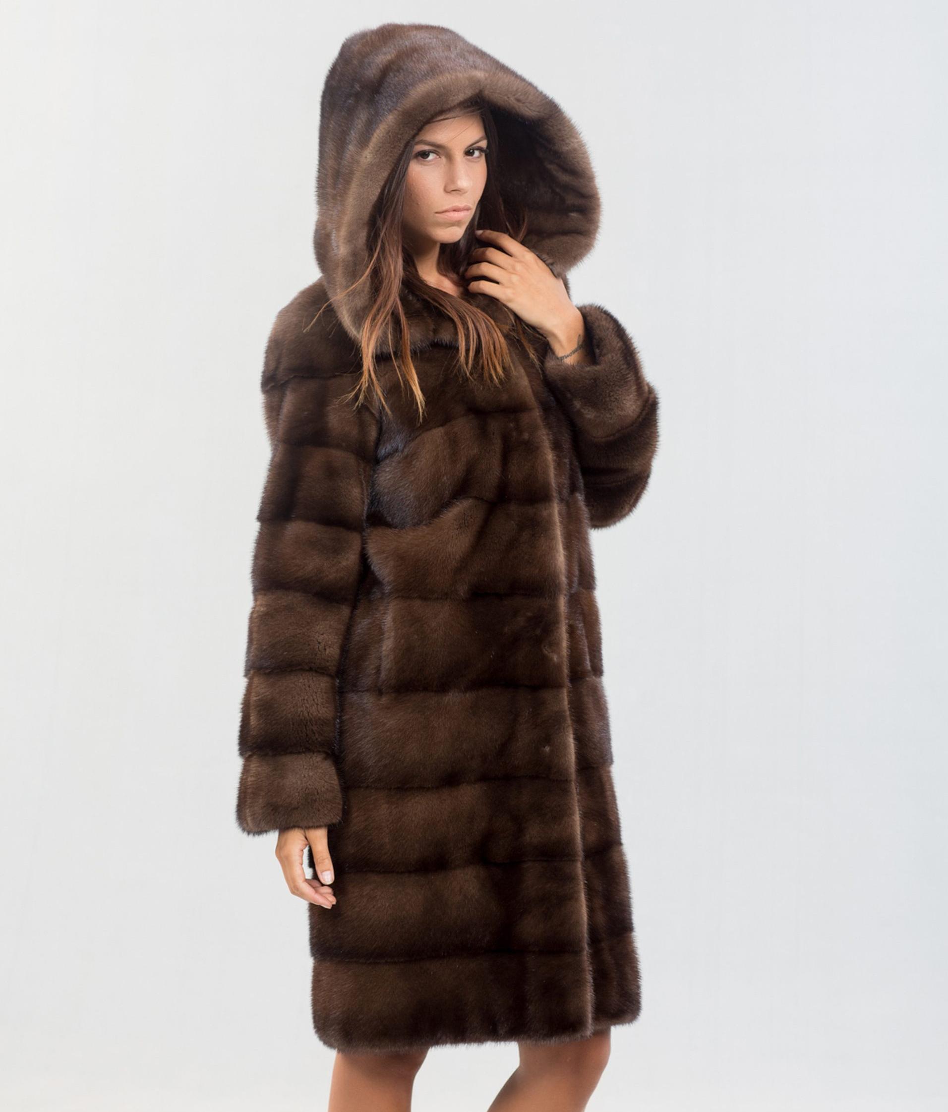 Full length brown real mink fur coat with hood. Long line natural color  warm winter fur coat. Full skin hooded mink fur overcoat - PAPEL FURS