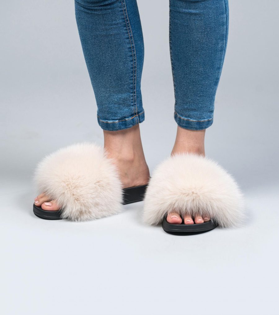 Cream Fox Fur Slides