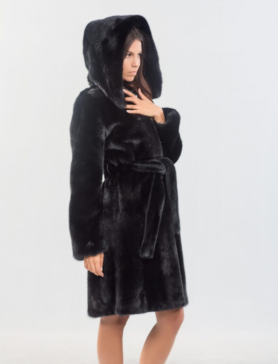 Nafa Velvet Black Mink Fur Coat With Hood