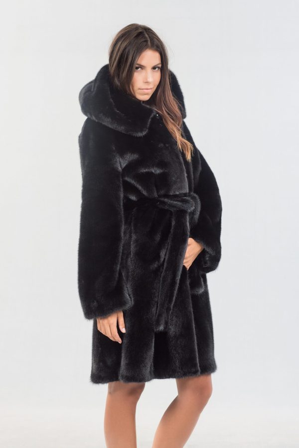 Nafa Velvet Black Mink Fur Coat With Hood