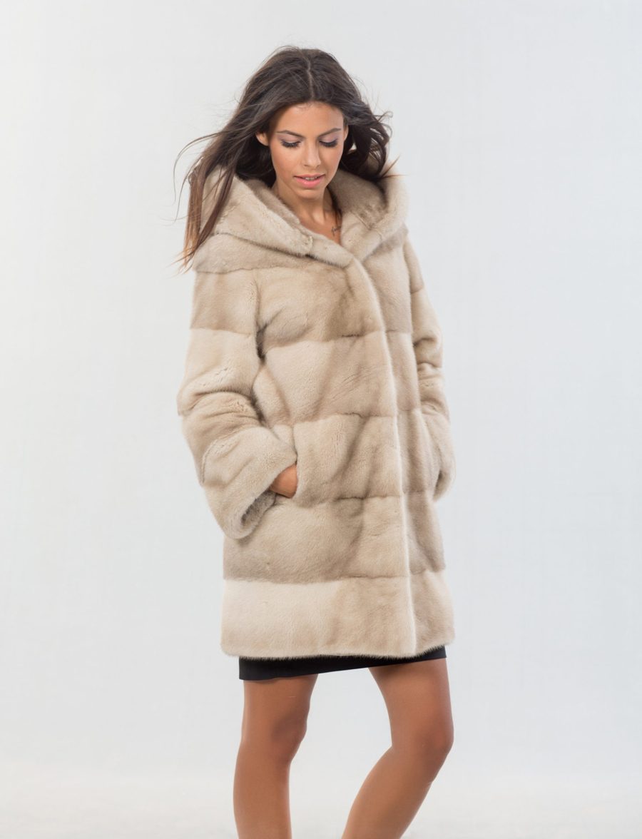 Champagne Mink Fur Coat With Hood