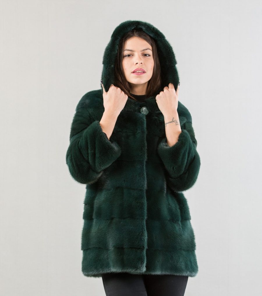 Dark Green Mink Fur Jacket With Hood