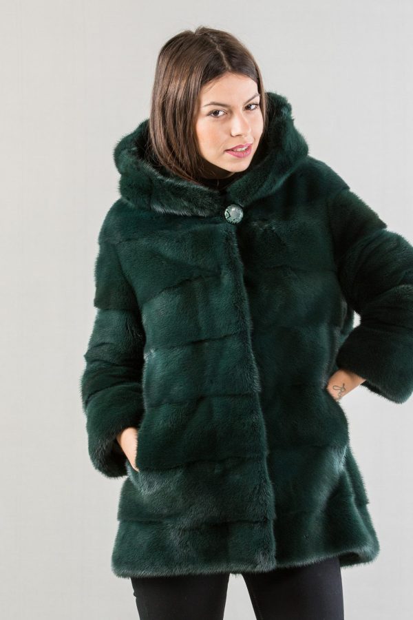 Dark Green Mink Fur Jacket With Hood