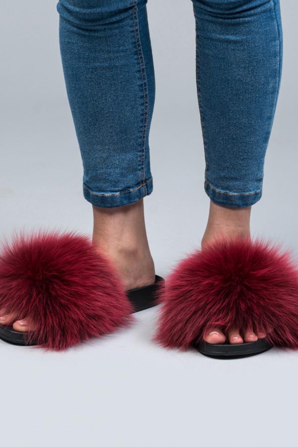 Burgundy Fox Fur Slides