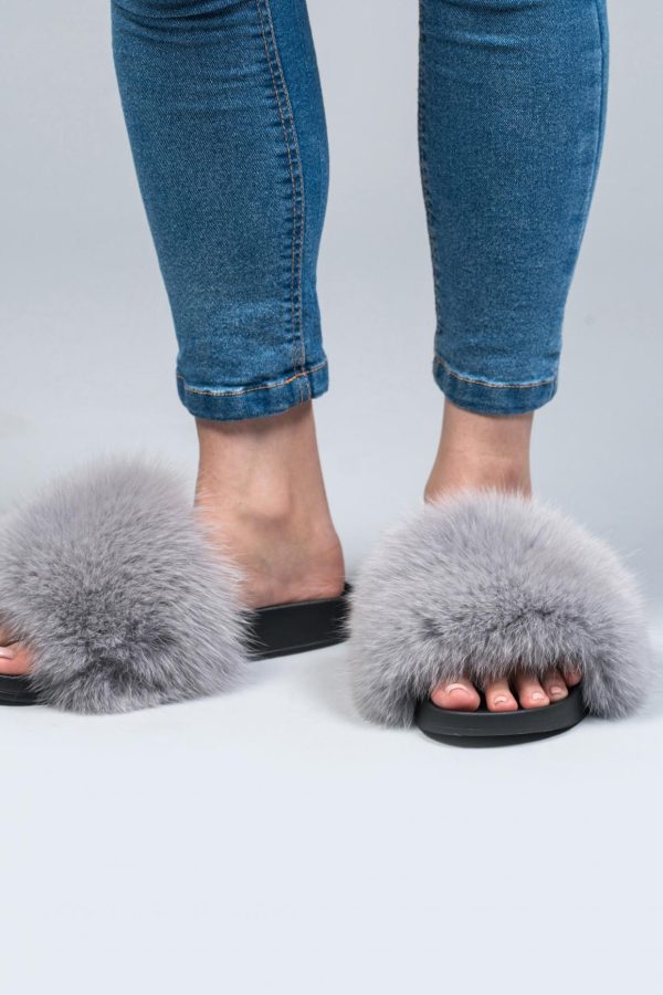 Gray Fox Fur Slides