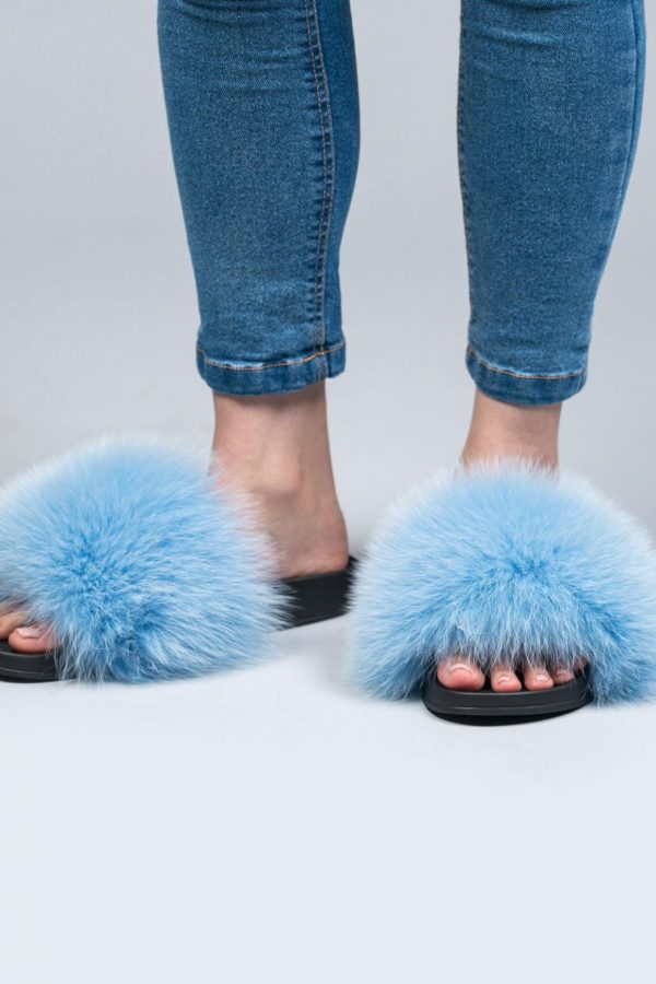 Summer Blue Fox Fur Slides