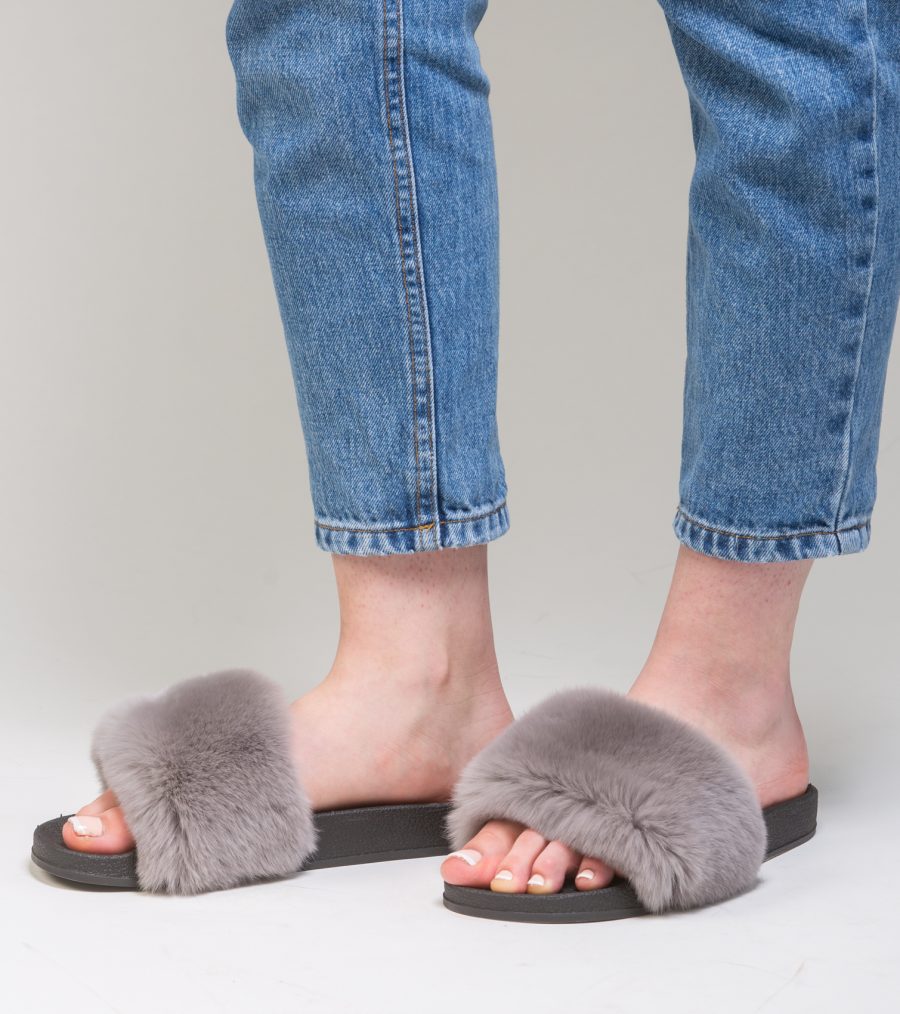 Grey Rabbit Fur Slides