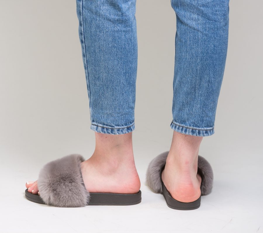 Grey Rabbit Fur Slides