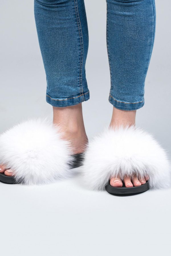 White Fox Fur Slides