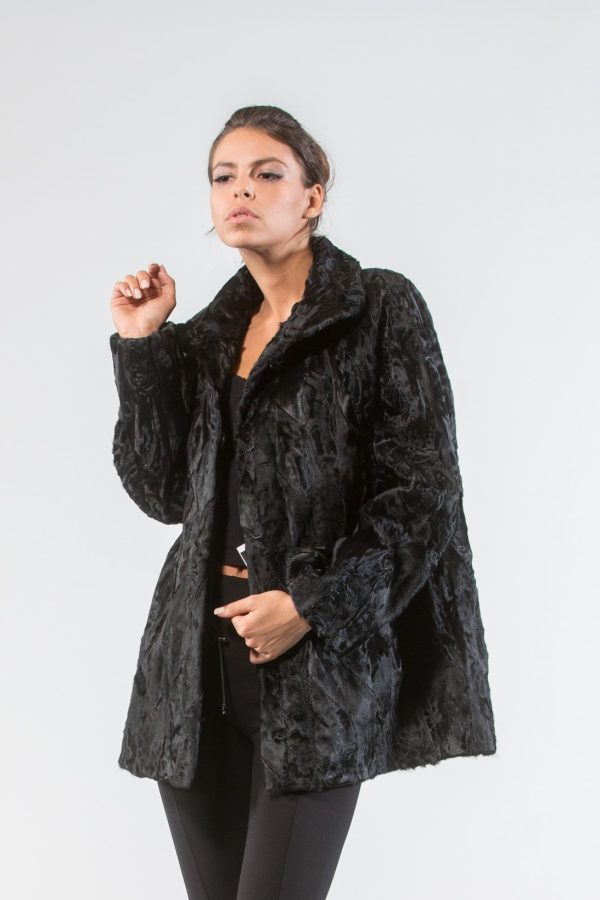 Black Astrakhan Fur Jacket With Wide Collar