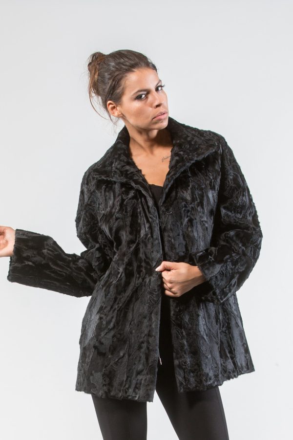 Black Astrakhan Fur Jacket With Wide Collar