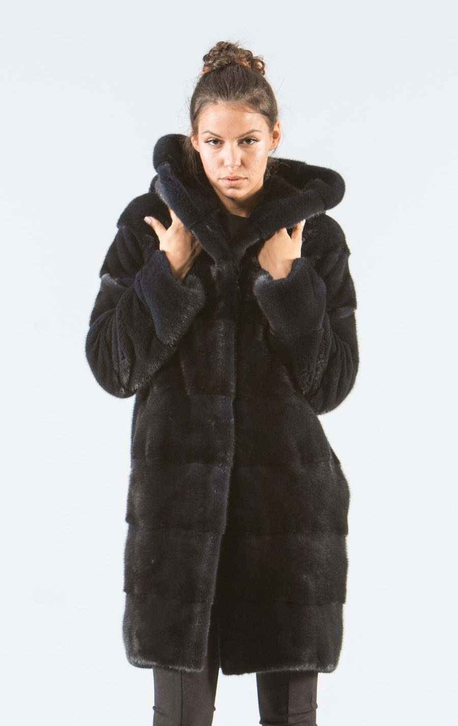 Blue Black Mink Fur Jacket With Hood
