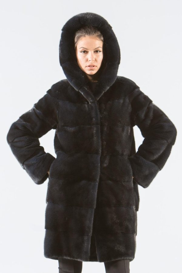 Blue Black Mink Fur Jacket With Hood