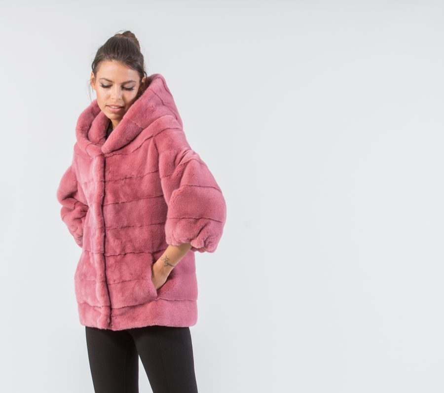 Pink Hooded Mink Fur Jacket