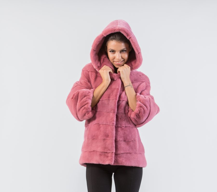 Pink Hooded Mink Fur Jacket