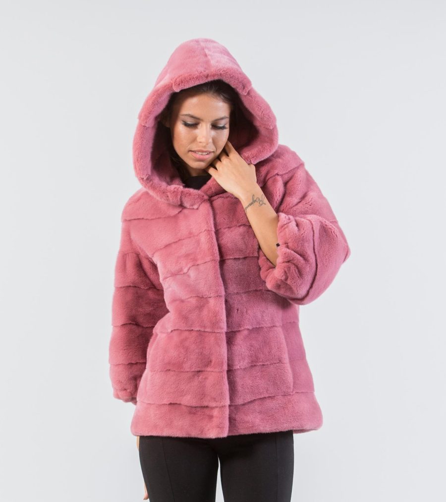 Pink Hooded Mink Fur Jacket . 100% Real Fur Coats and Accessories.