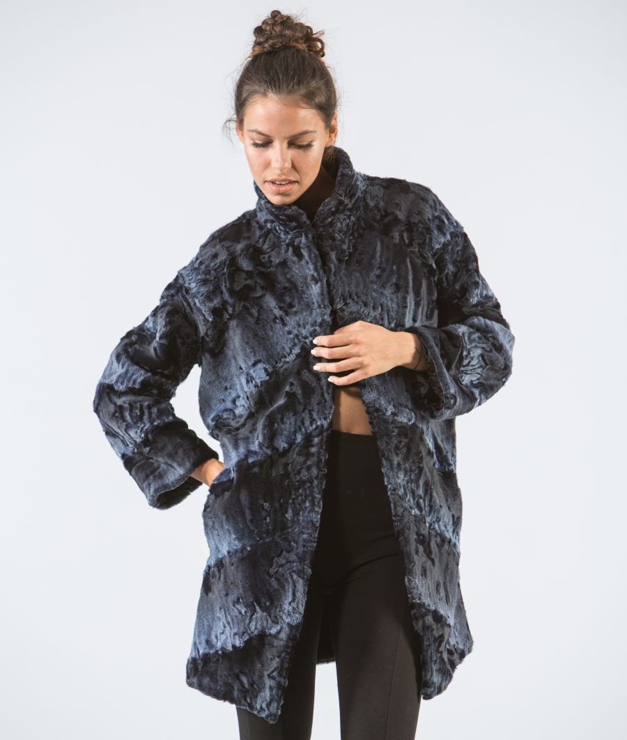 Midnight Blue Astrakhan Fur Jacket .100% Real Fur Coats - Haute Acorn