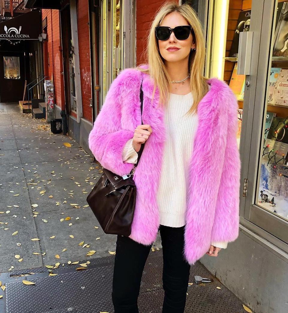 Chiara ferragni in pink fox coat in New York
