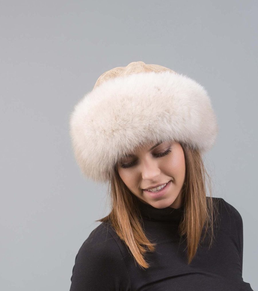 Beige Fur Hat With Blue Fur