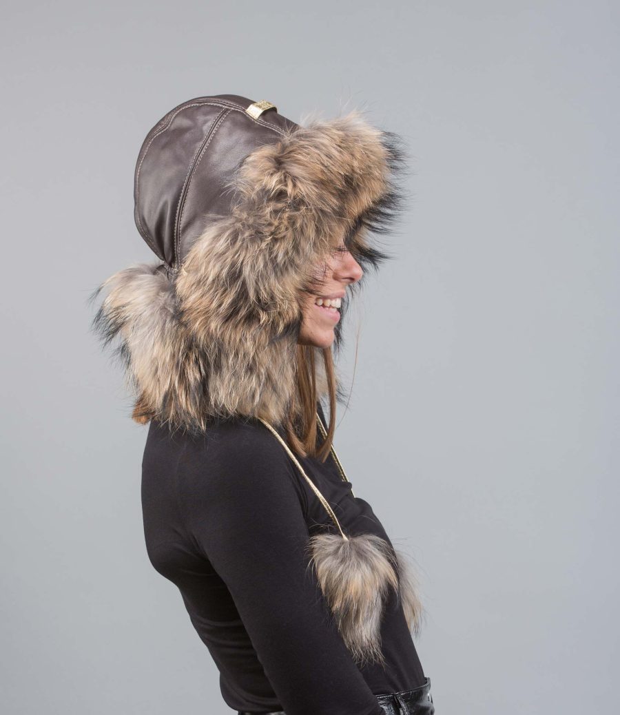 Raccoon Fur Trapper Hat With Pom Pom