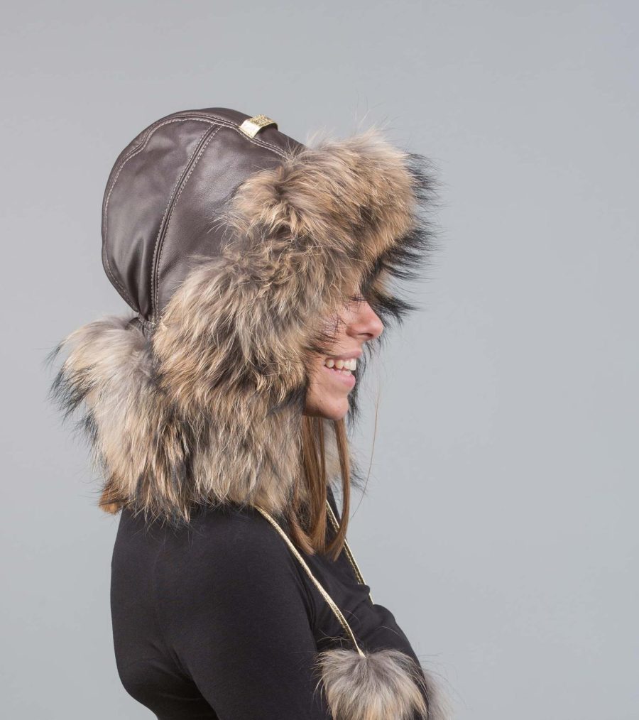 Raccoon Fur Trapper Hat With Pom Pom