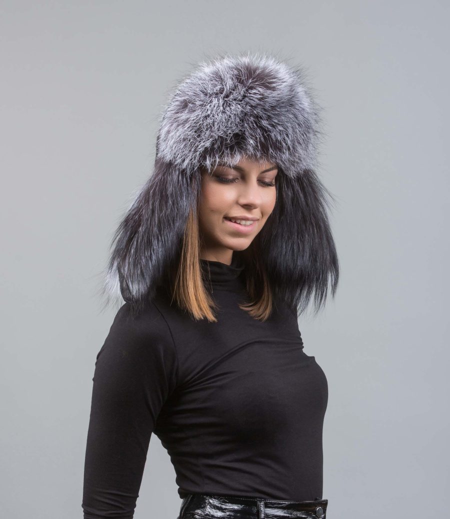 Black Fur Trapper Hat With Silver Fox