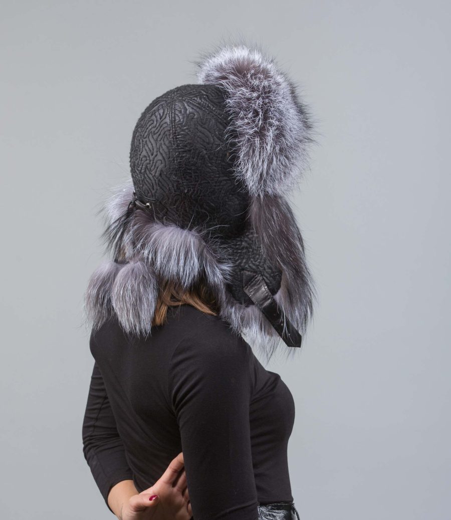 Black Fur Trapper Hat With Silver Fox
