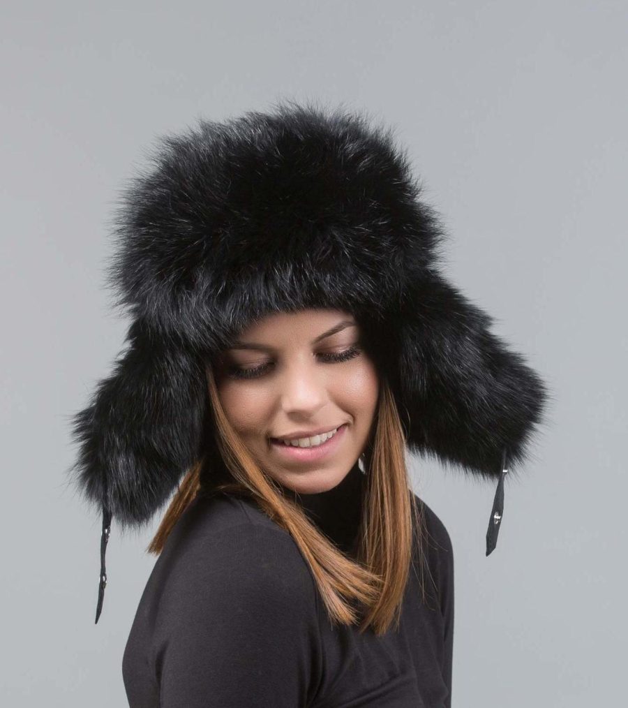 Black Fox Fur Trapper Hat