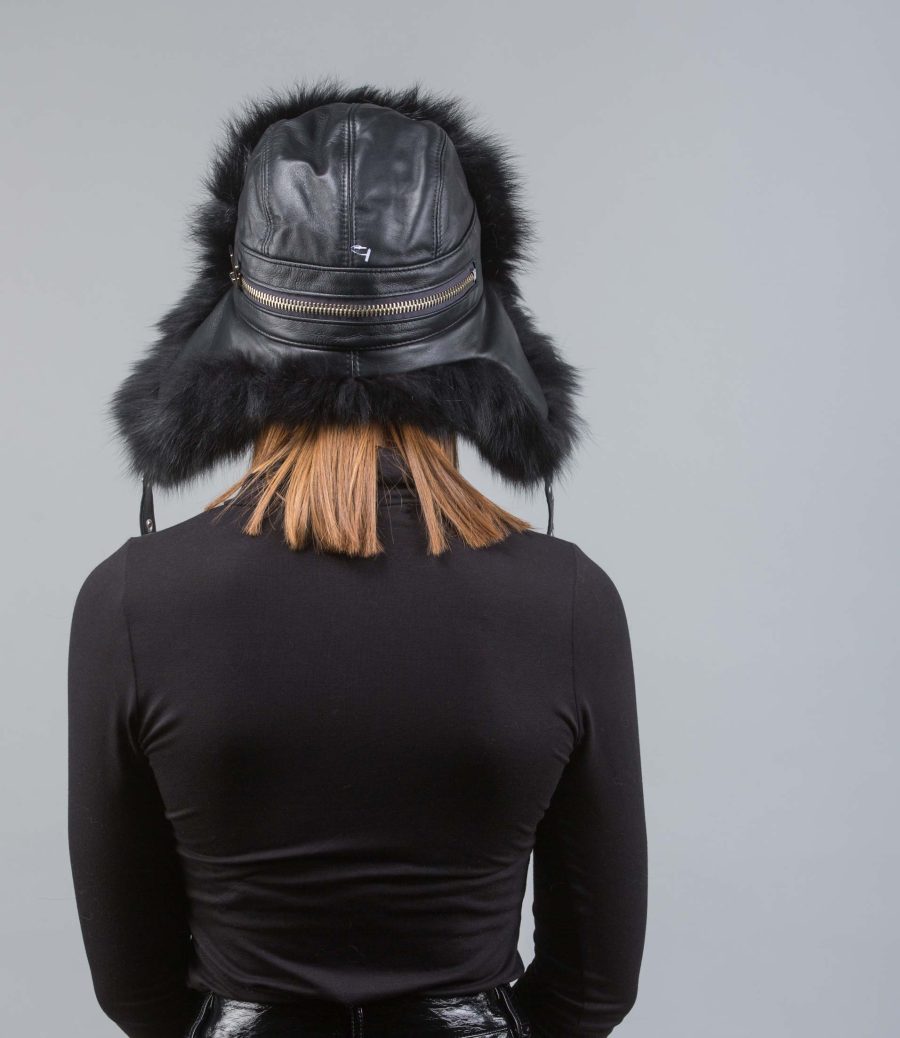 Black Fur Trapper Hat With Zip