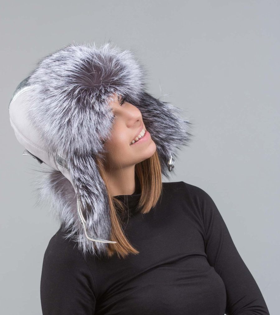 Gray Fur Trapper Hat With Silver Fox