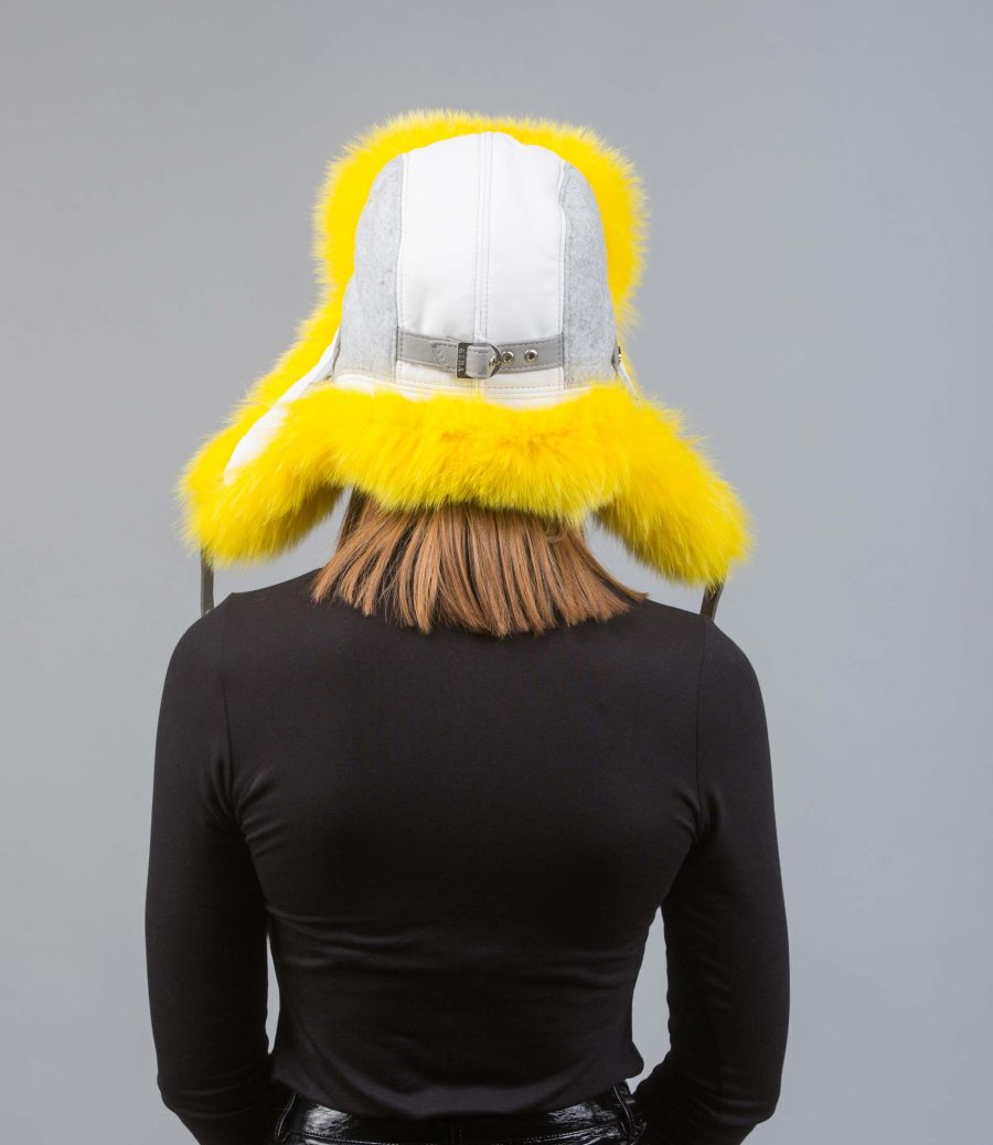 White Fox Fur Trapper Hat With Yellow Fur