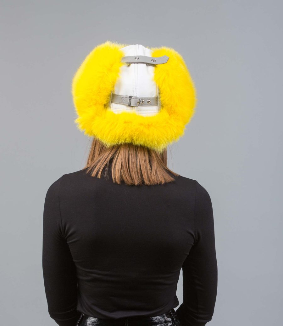 White Fox Fur Trapper Hat With Yellow Fur