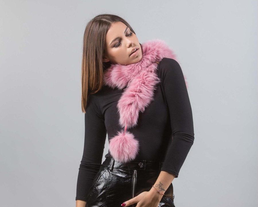 The Pink Fox Fur Scarf With Pom Pom