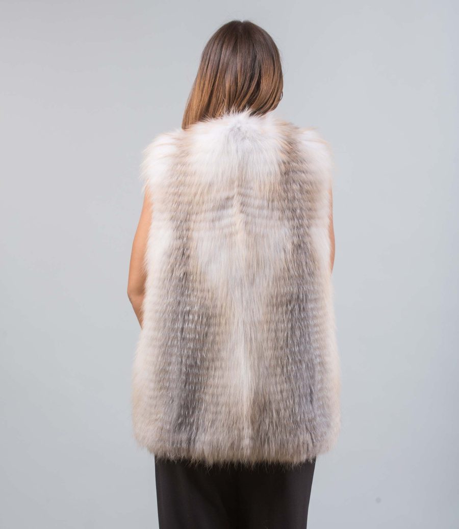 Grey and White Collarless Fox Fur Vest