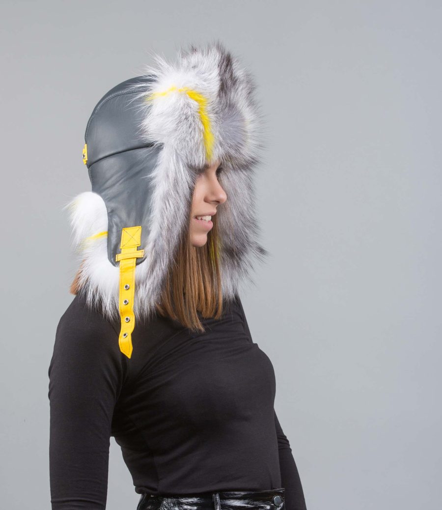Gray Fur and Leather Trapper Hat