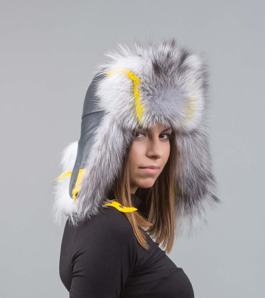 Gray Fur and Leather Trapper Hat