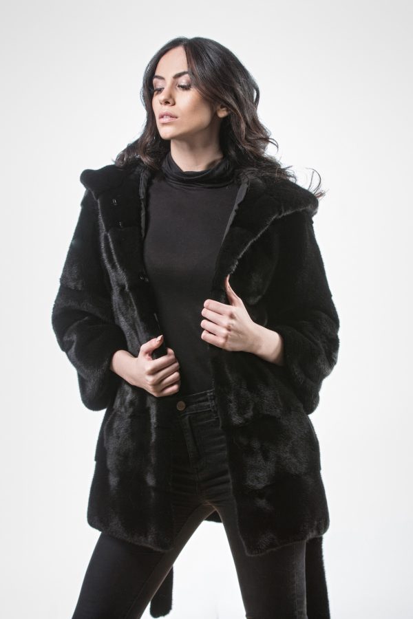 Hooded Mink Black Fur Jacket