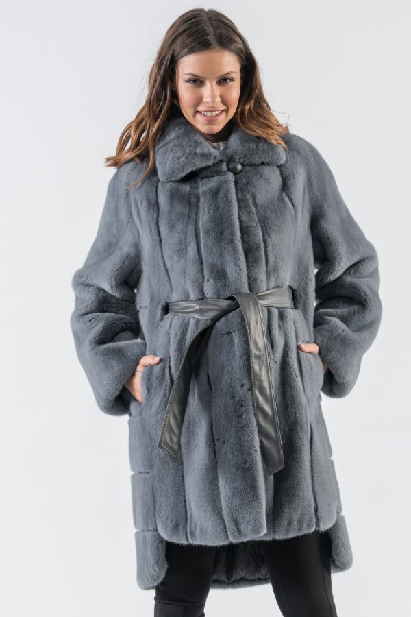 Blue Grey Mink Fur Coat With Belt
