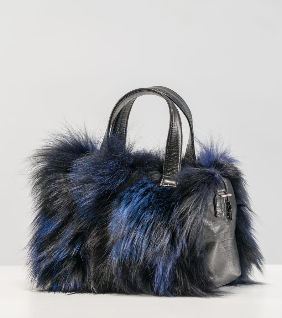 Blue Black Fox Fur Handbag