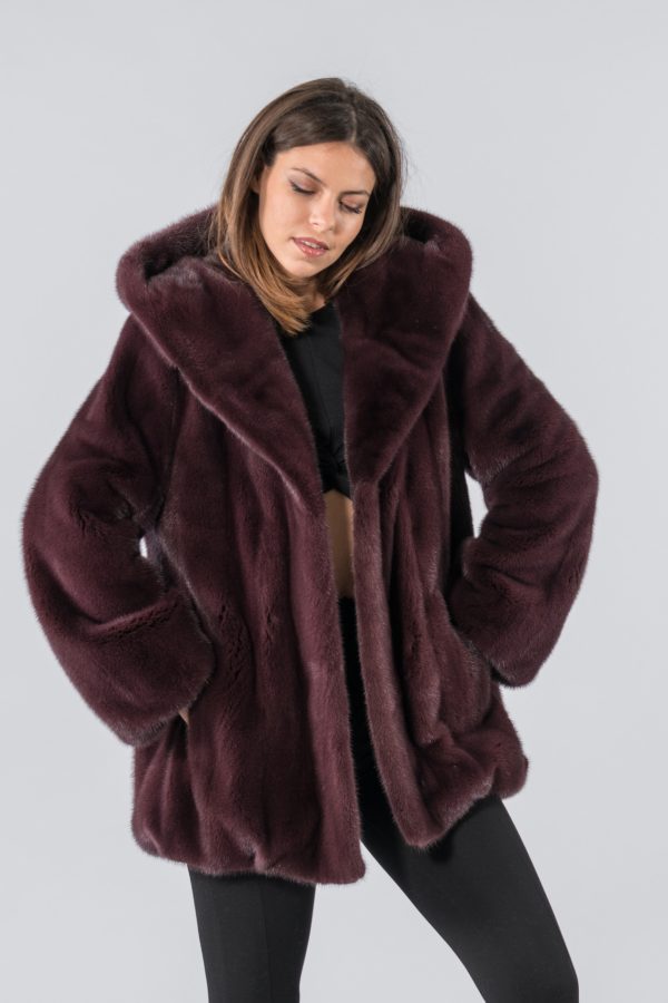 Maroon Mink Fur Hooded Coat