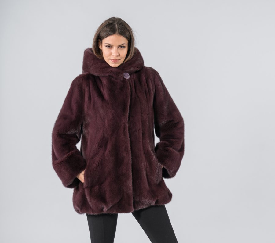 Maroon Mink Fur Hooded Coat Womens - 100% Real Fur - Haute Acorn